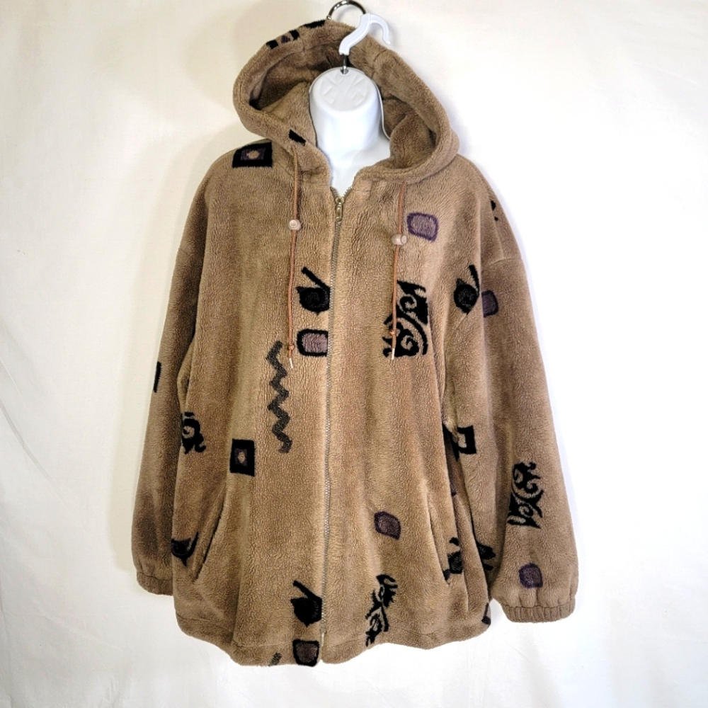 Vintage Forecaster Sport Full Zip Fleece Hoodie Brown Black Geometrc W L Petite
